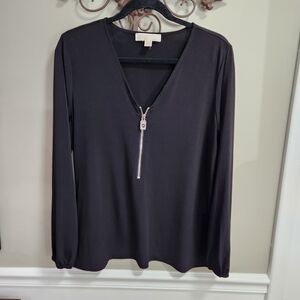 Black V-Neck Zipper Women Top